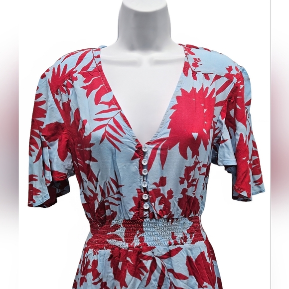 0069 Abel the Label Dress Tropical Blue Pink Floral High Low Midi Flounce XS - Picture 2 of 15